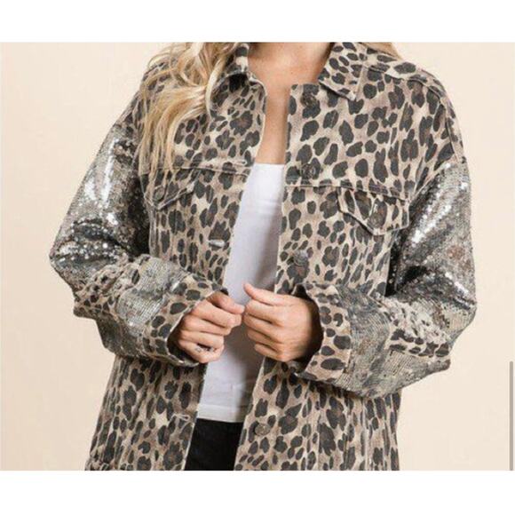 Macaron Sequin Sleeve Leopard Print Jean Jacket Small - Picture 1 of 7